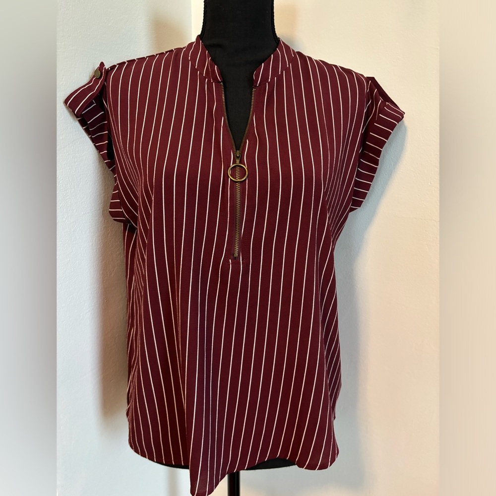 Mine- Size-L- Burgundy/White Striped cute top-Ladies. Great-PreOwned Condition.